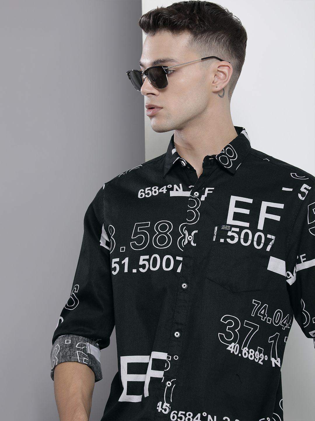 the indian garage co men black & white printed casual cotton shirt