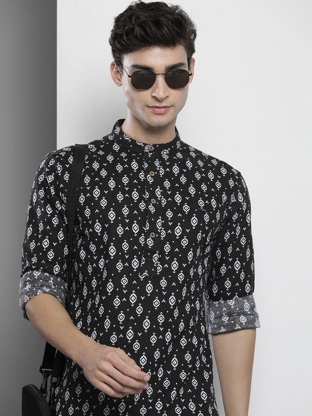 the indian garage co men black & white printed casual shirt