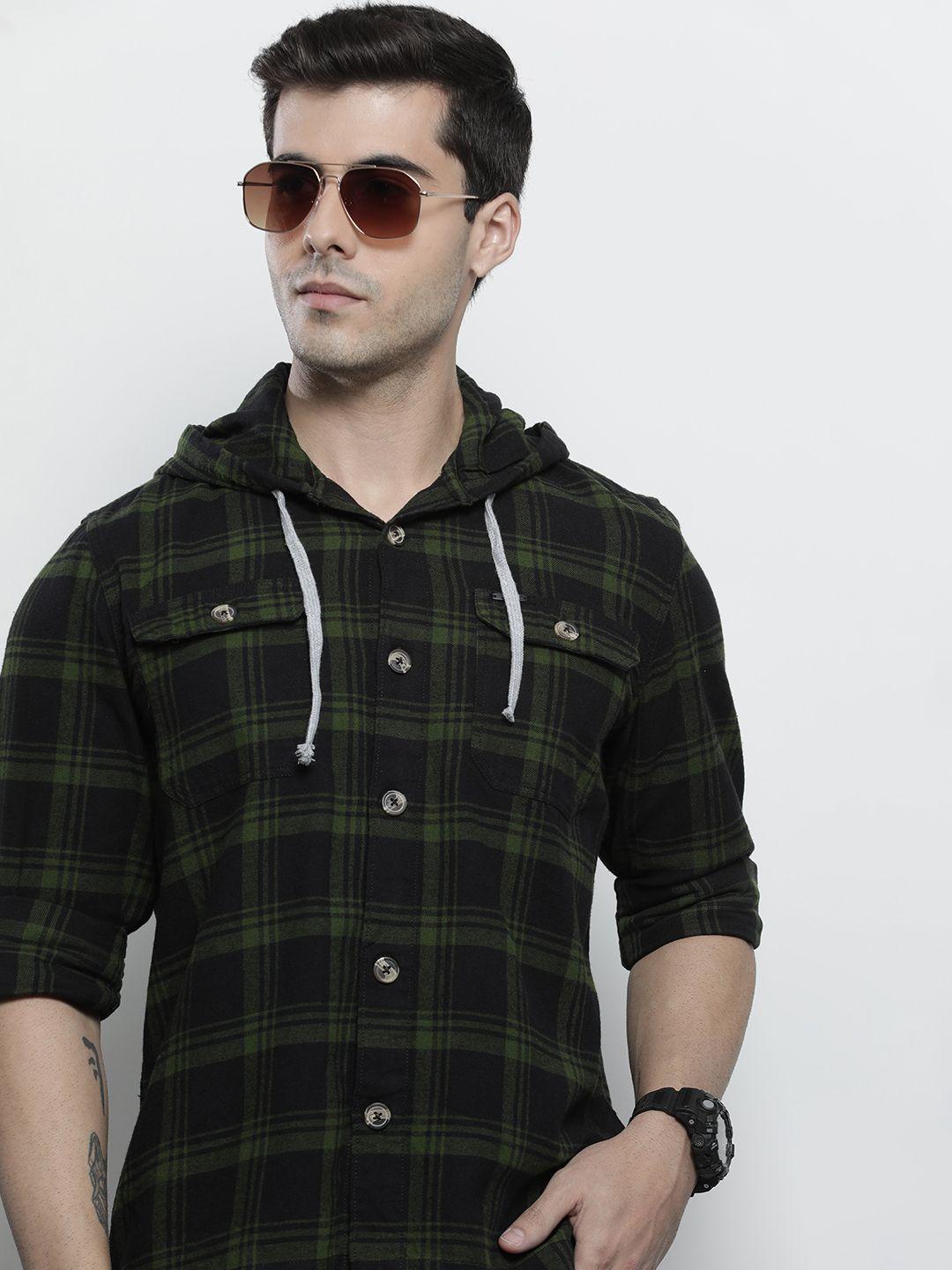 the indian garage co men black comfort checked regular fit cotton hooded casual shirt