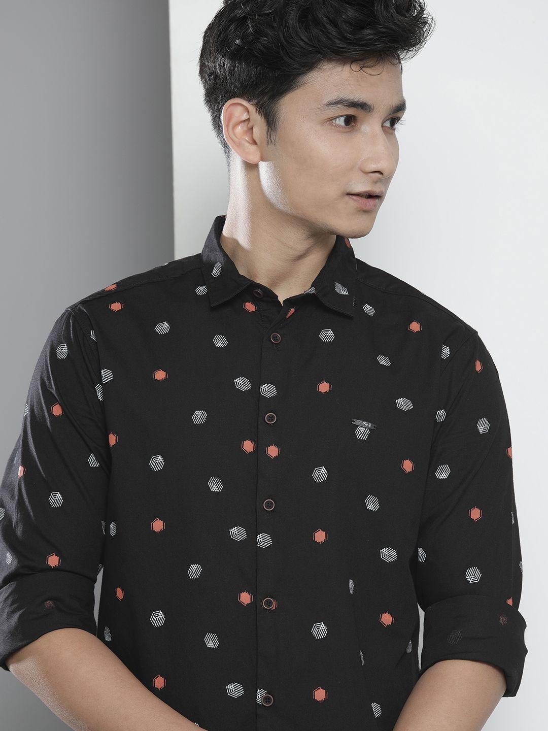 the indian garage co men black regular fit geometric opaque printed casual shirt