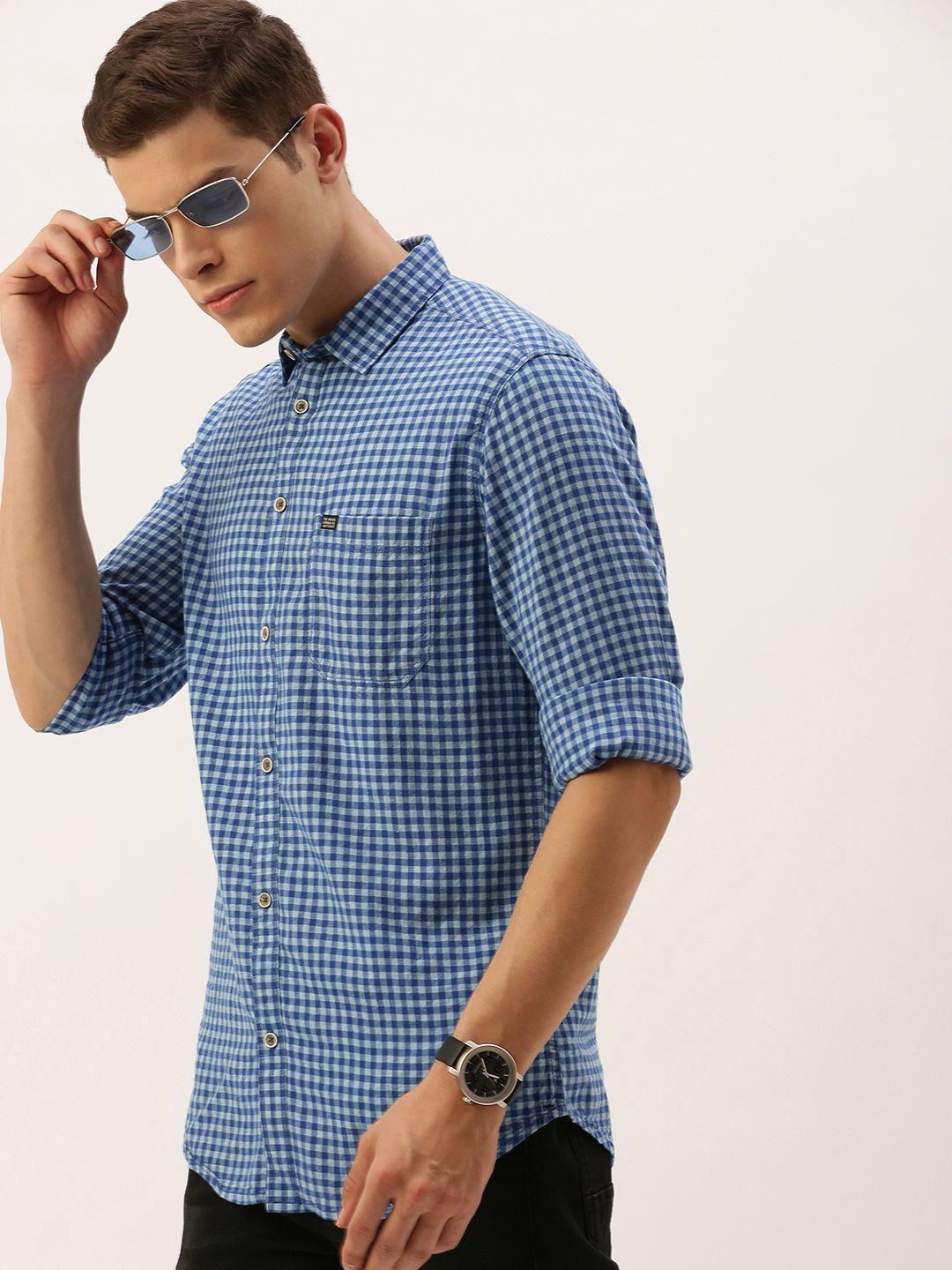 the indian garage co men blue & white slim fit checked casual shirt