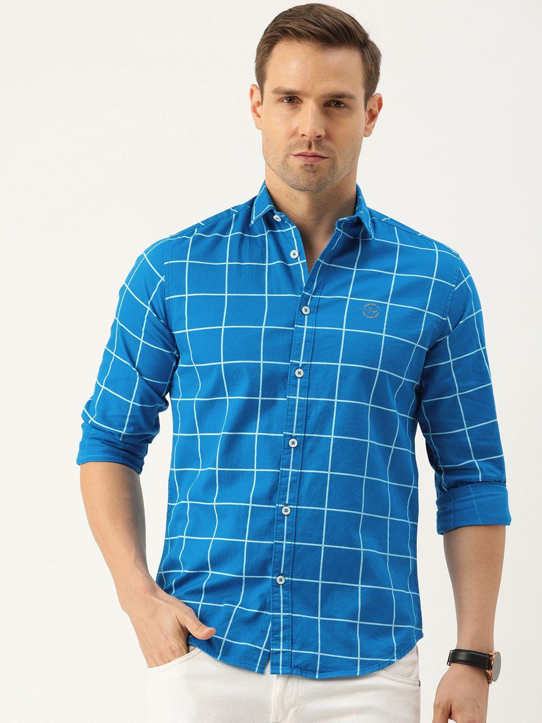 the indian garage co men blue & white slim fit checked casual shirt