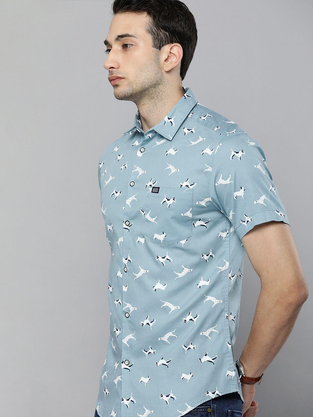 the indian garage co men blue & white slim fit printed casual shirt