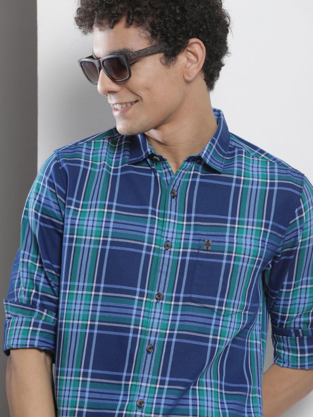the indian garage co men blue checked pure cotton casual shirt
