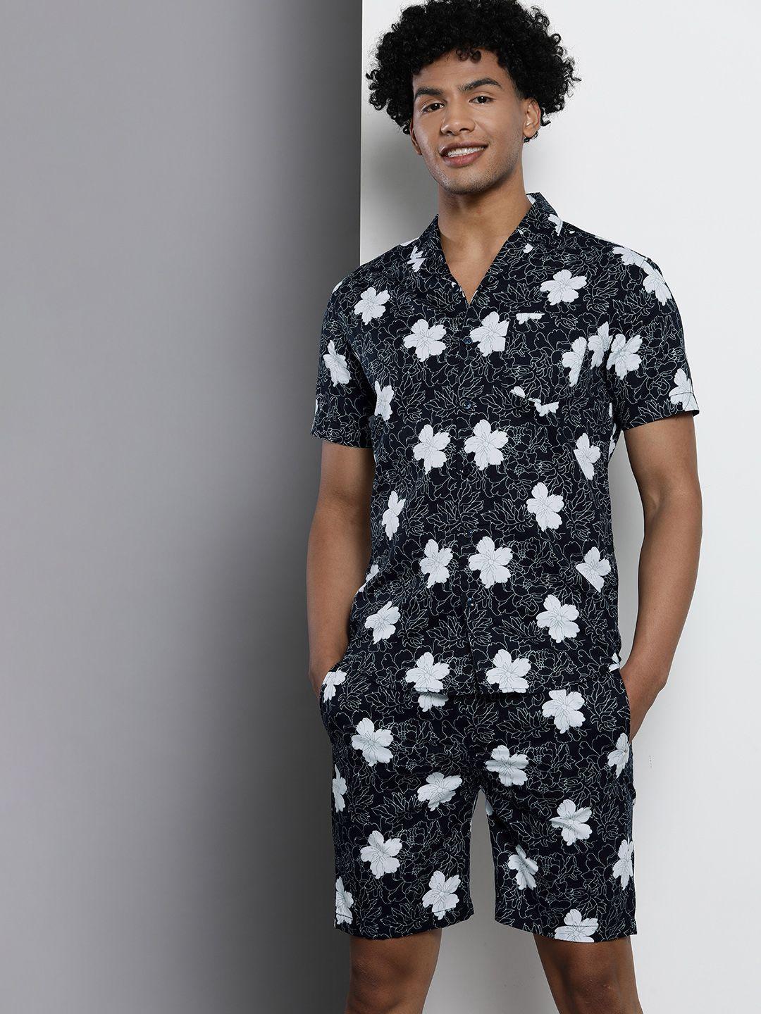 the indian garage co men blue floral print pure cotton night suit