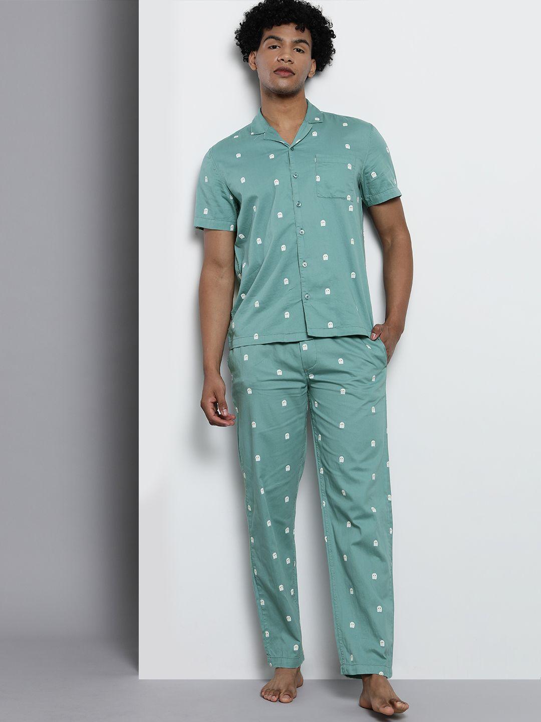 the indian garage co men blue printed pure cotton night suit