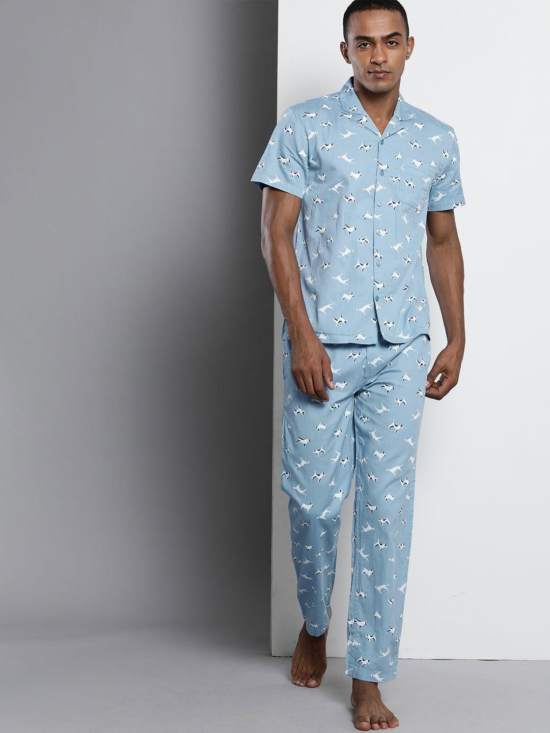 the indian garage co men blue printed pure cotton night suit