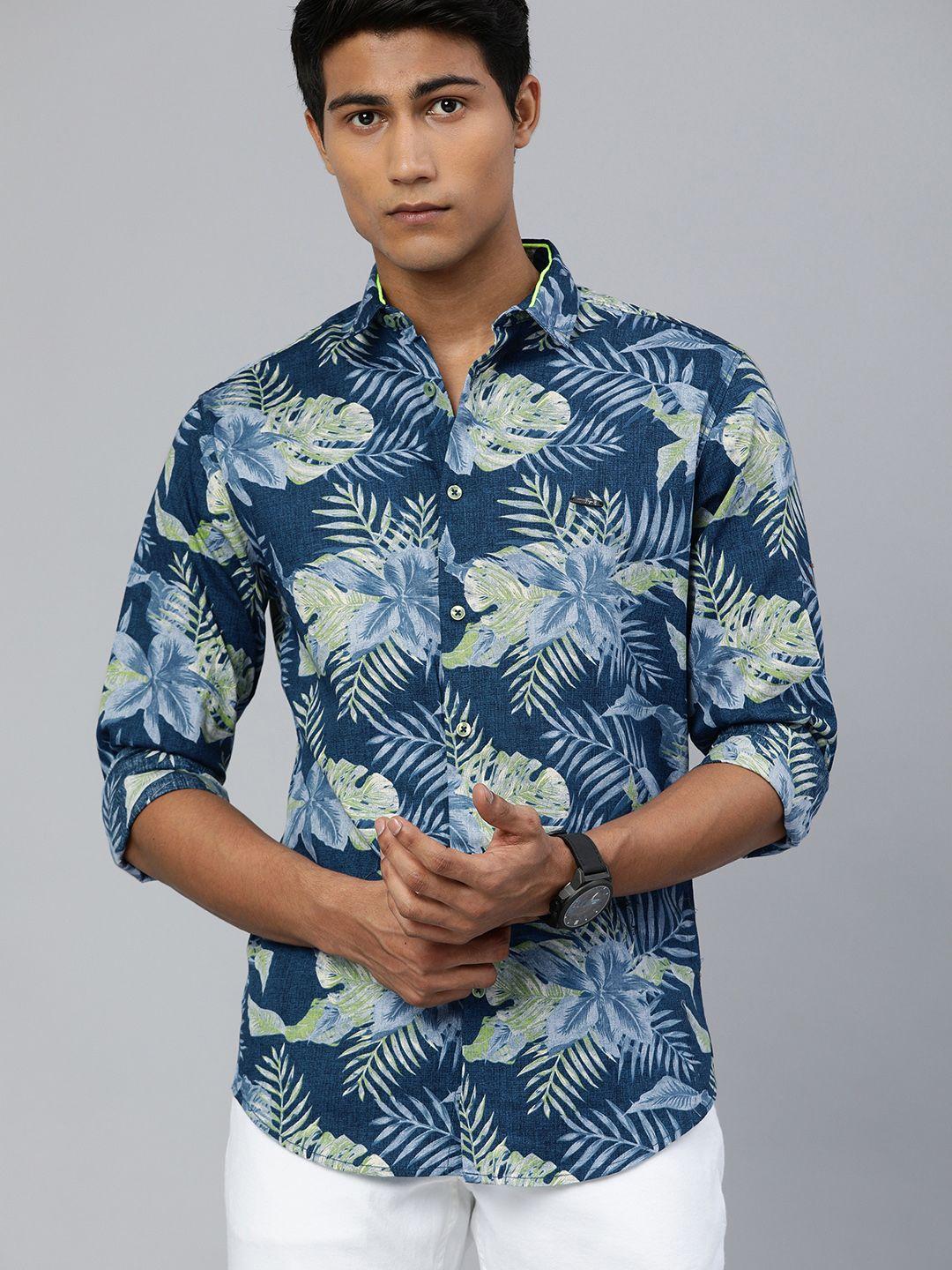 the indian garage co men blue slim fit printed casual shirt