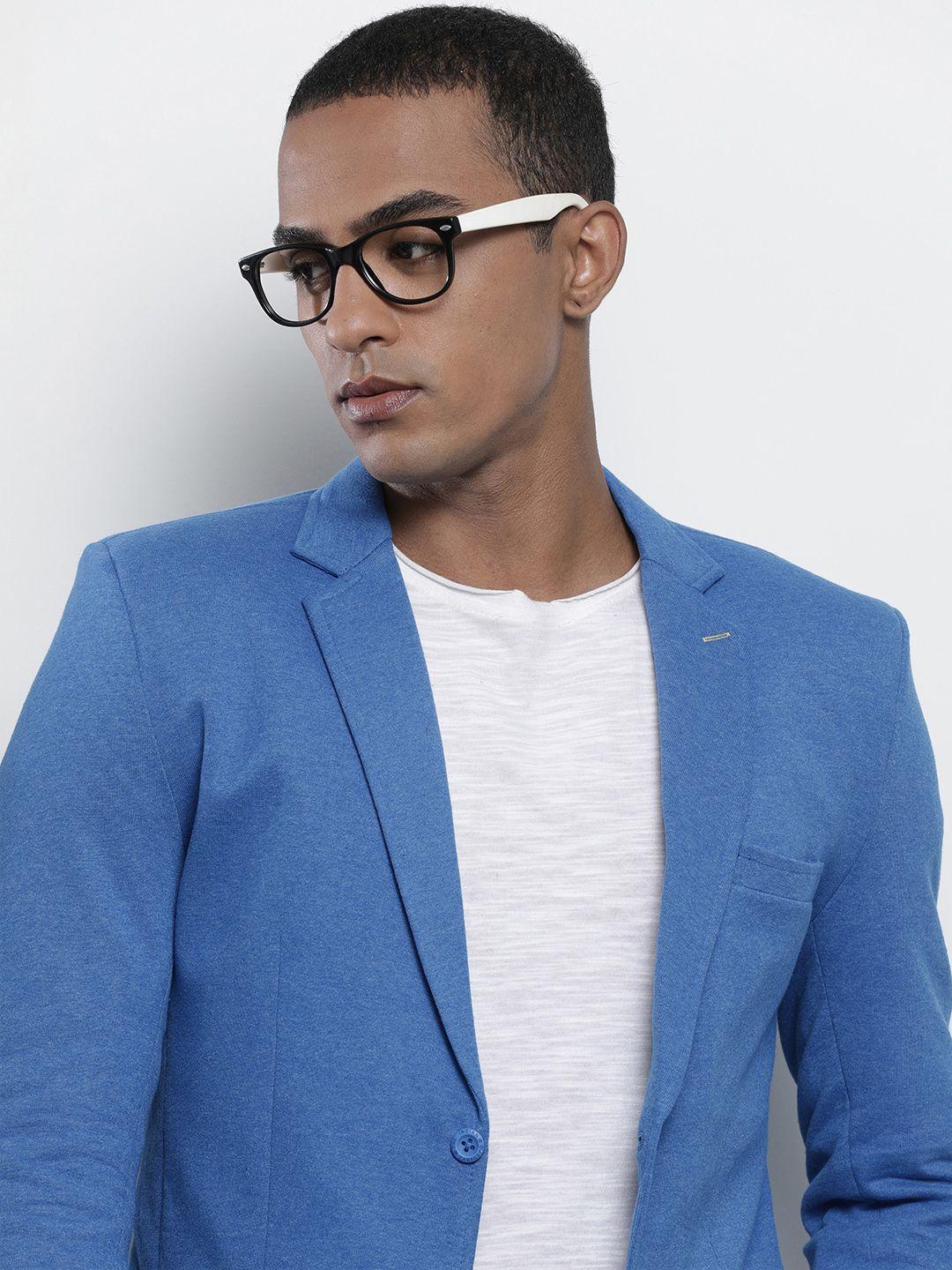 the indian garage co men blue solid single-breasted blazer