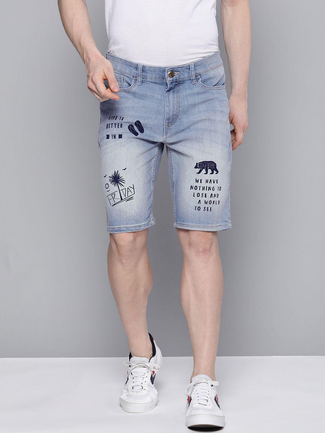 the indian garage co men blue typography printed  mid rise slim fit denim shorts