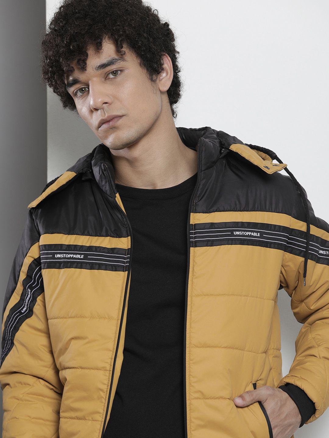 the indian garage co men brown & black colourblocked padded jacket