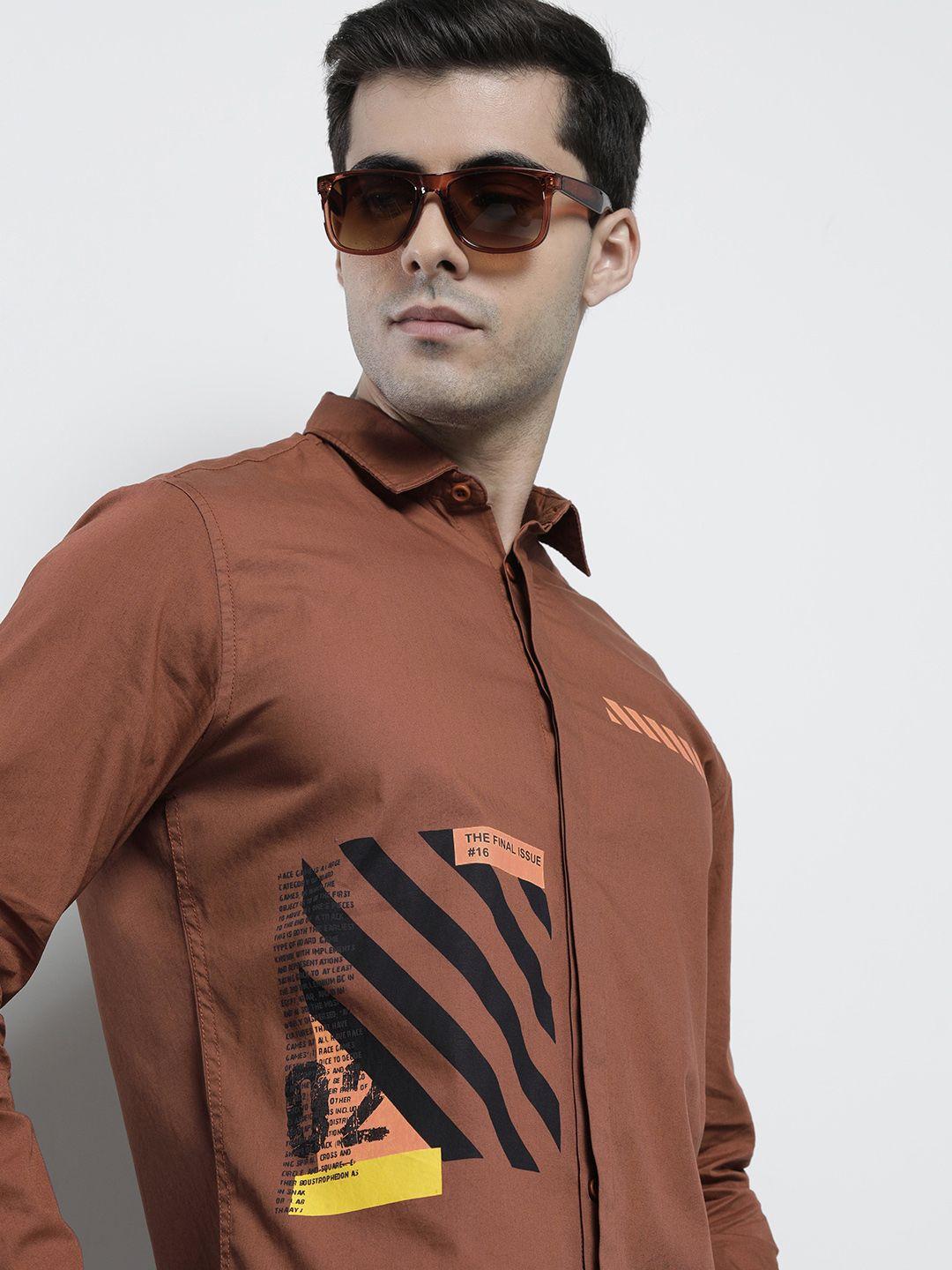 the indian garage co men brown & black printed cotton shirt