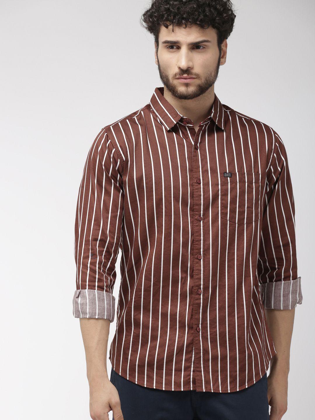 the indian garage co men brown & white slim fit striped casual shirt