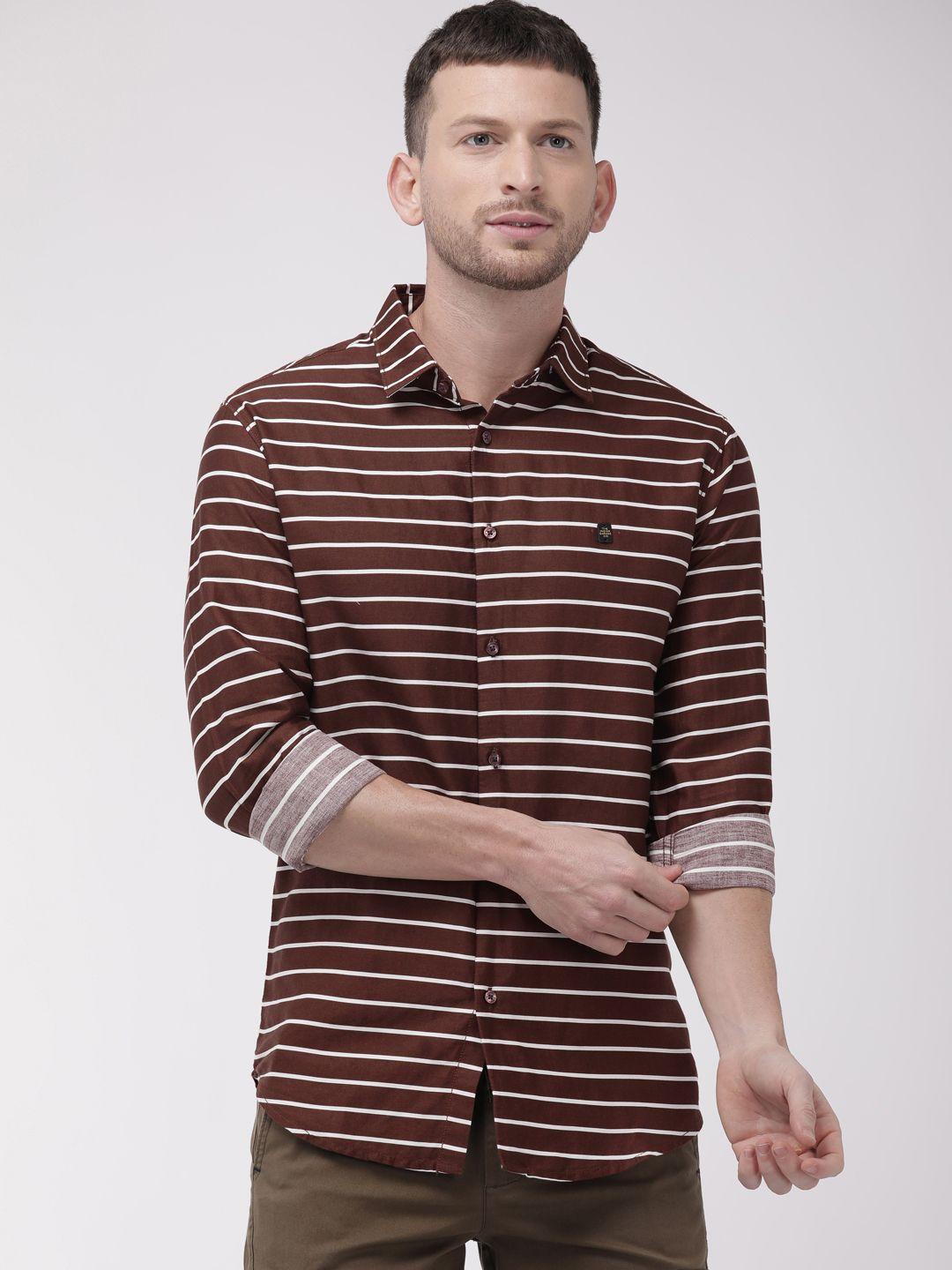the indian garage co men brown & white slim fit striped casual shirt