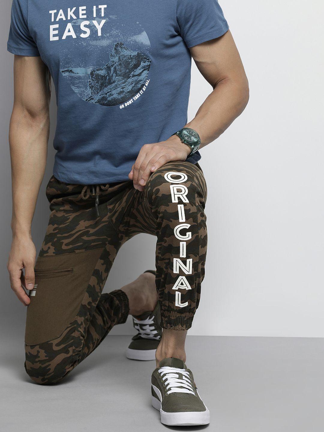 the indian garage co men brown camouflage printed joggers trousers