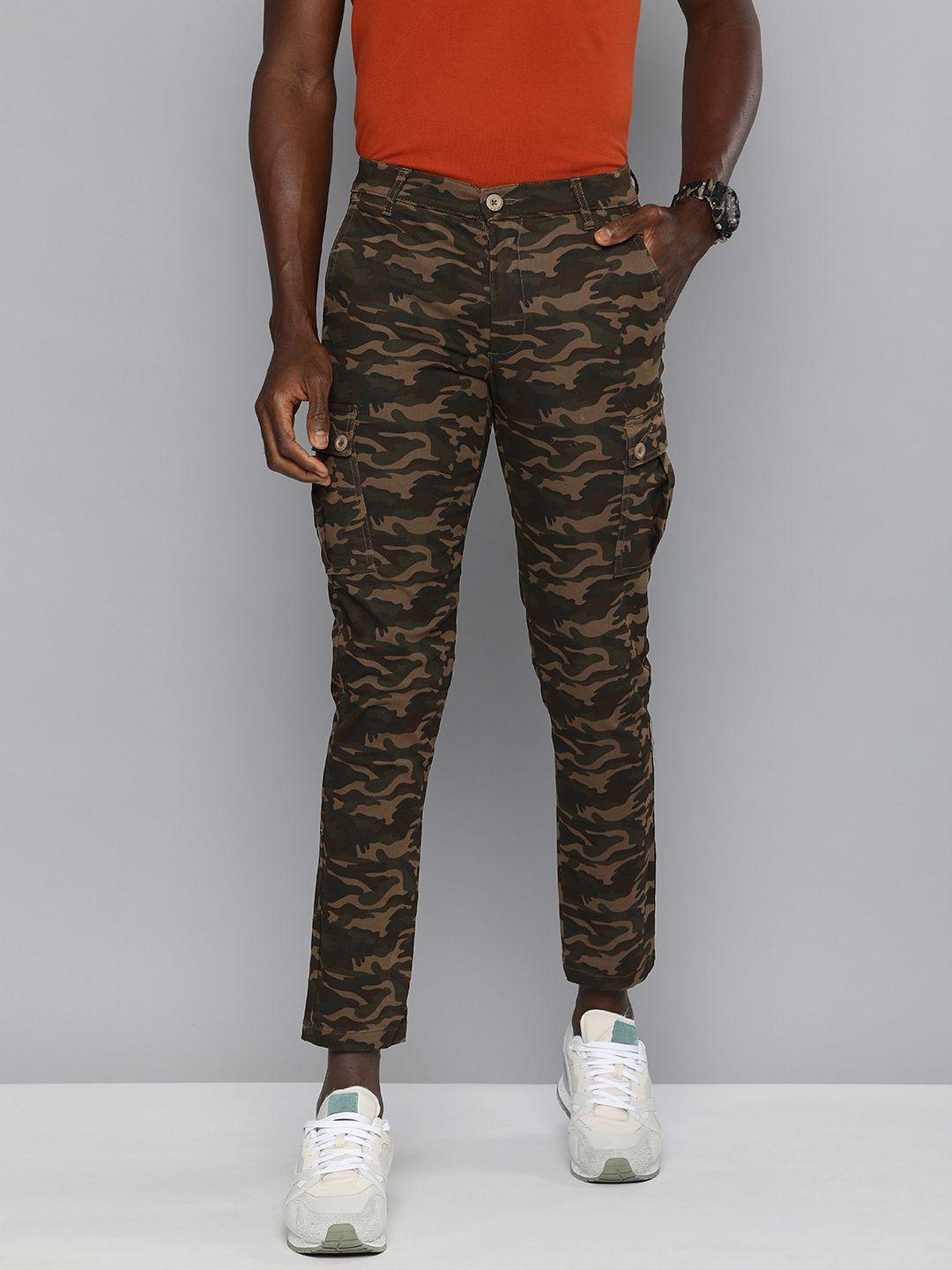 the indian garage co men brown camouflage printed slim fit cargos trousers