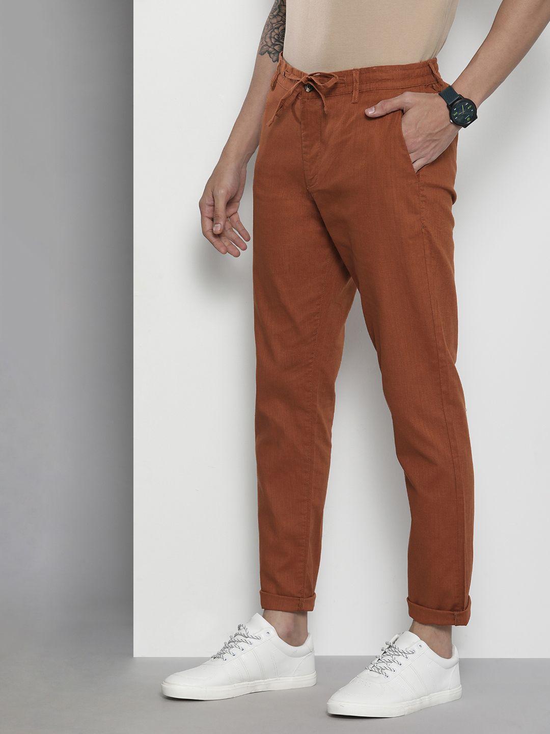 the indian garage co men brown slim fit linen blend trousers