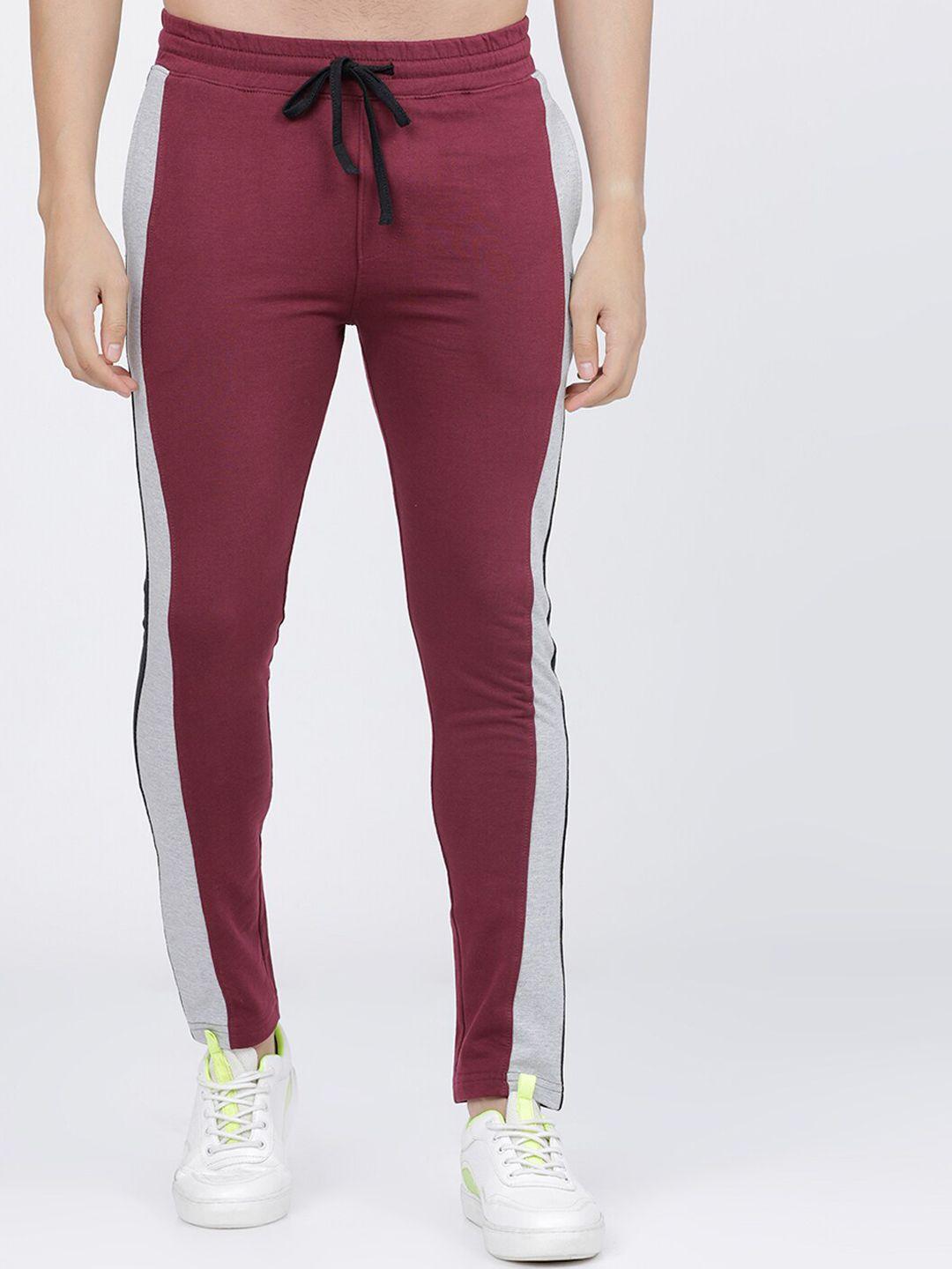 the indian garage co men burgundy & grey colourlocked slim-fit track pants