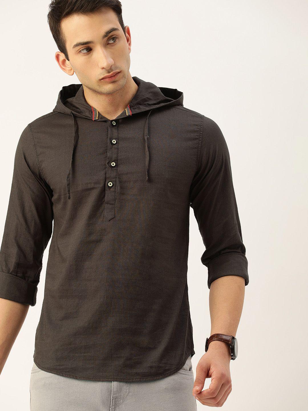 the indian garage co men charcoal grey slim fit solid casual hooded shirt