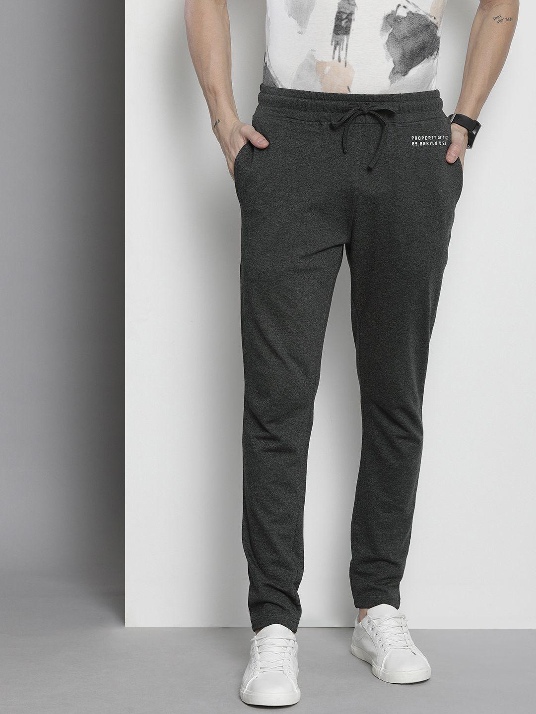 the indian garage co men charcoal grey typography printed melange effect track pants