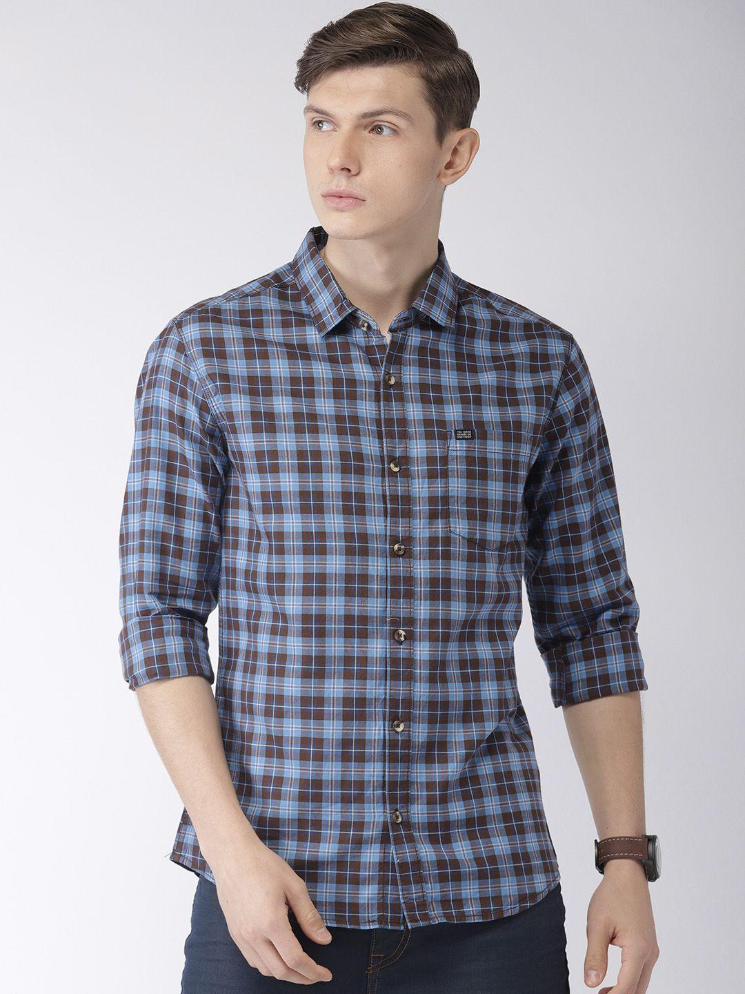 the indian garage co men coffee brown & blue regular fit checked casual shirt