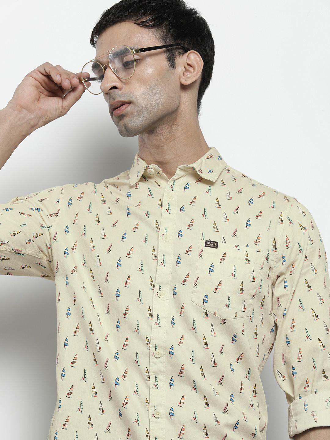 the indian garage co men cream-coloured slim fit conversational printed casual shirt