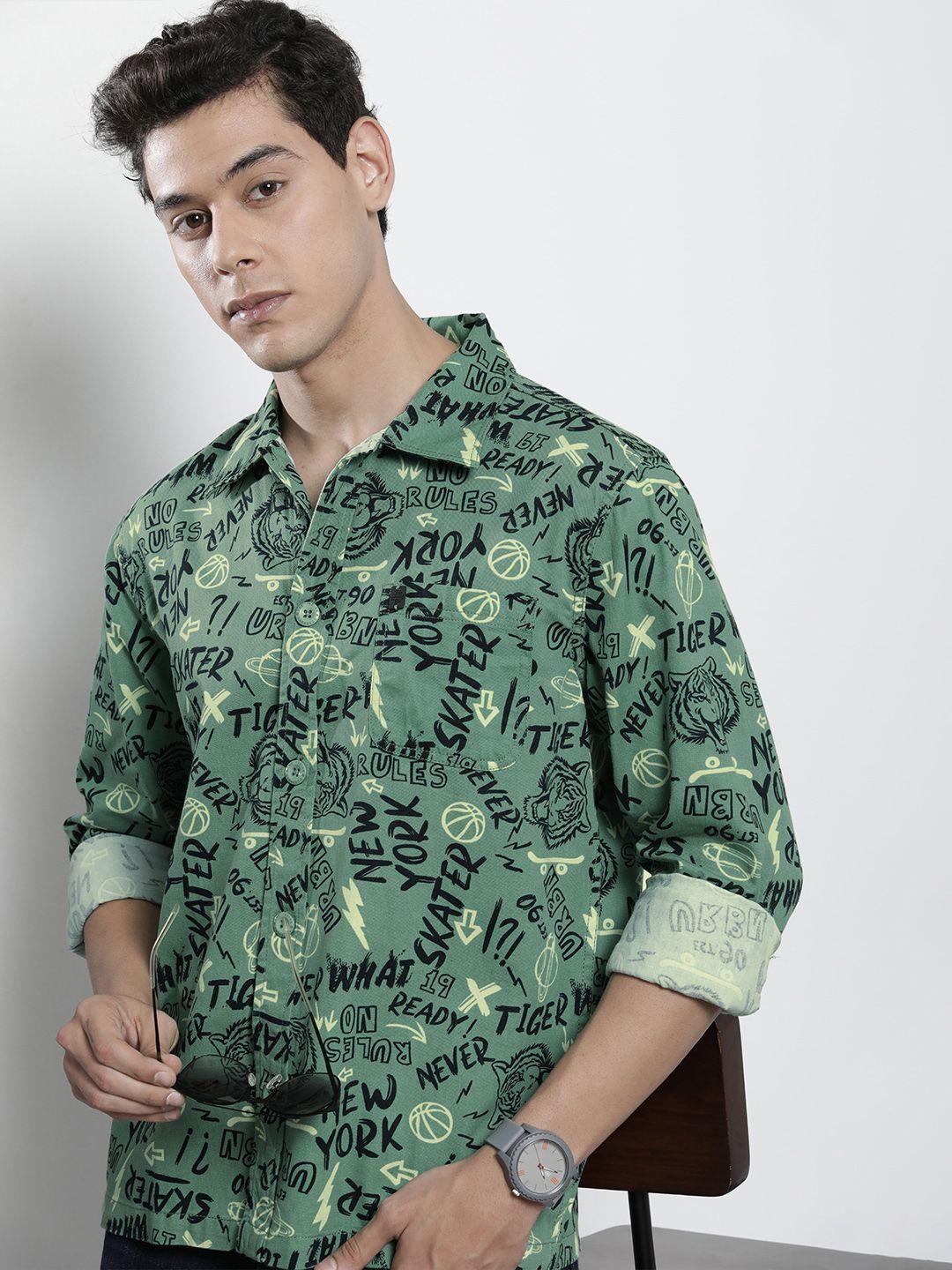 the indian garage co men green & black printed cotton casual shirt