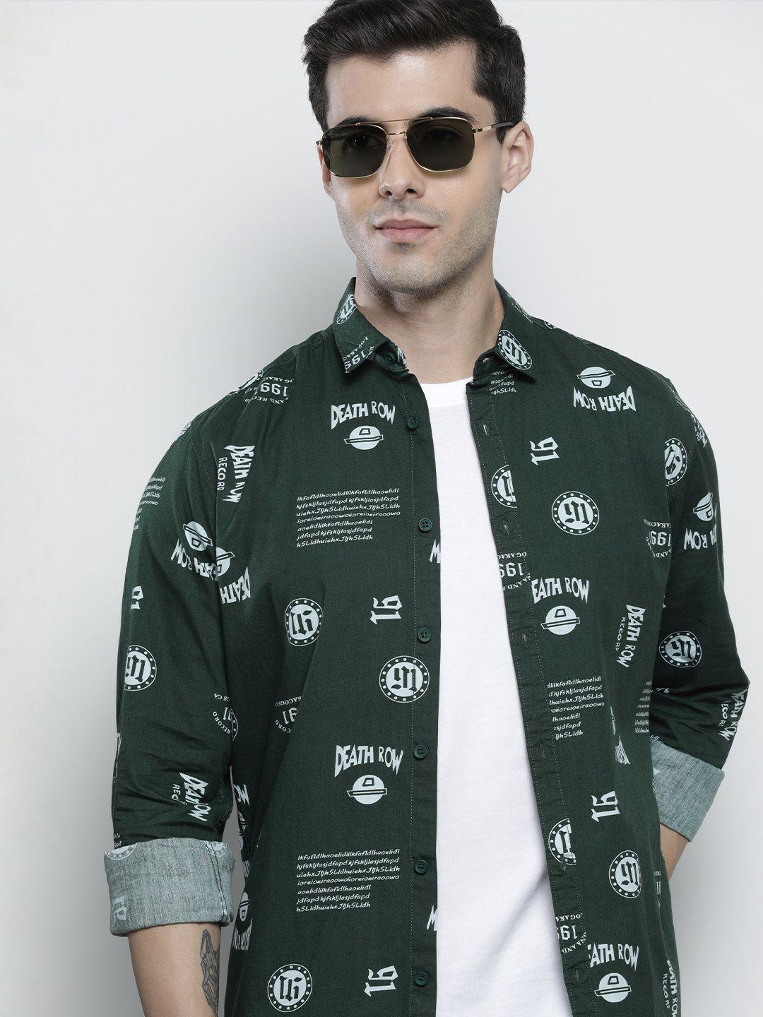 the indian garage co men green & white comfort printed cotton shirt