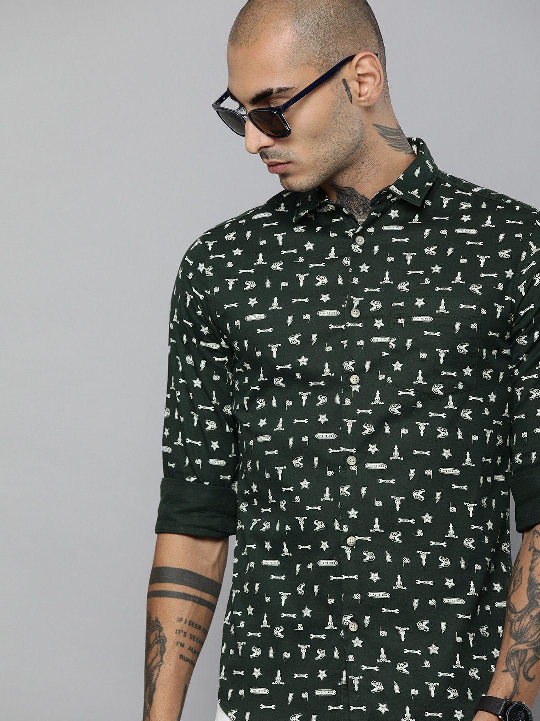 the indian garage co men green & white slim fit printed casual shirt