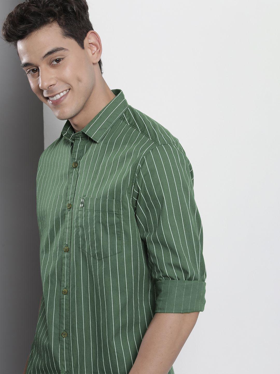 the indian garage co men green & white striped cotton casual shirt