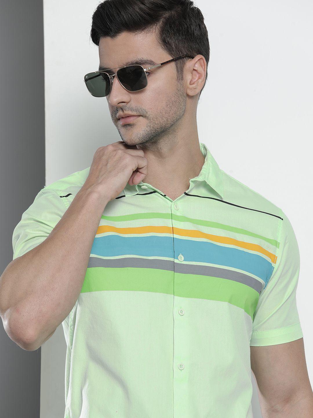 the indian garage co men green comfort horizontal stripes cotton casual shirt