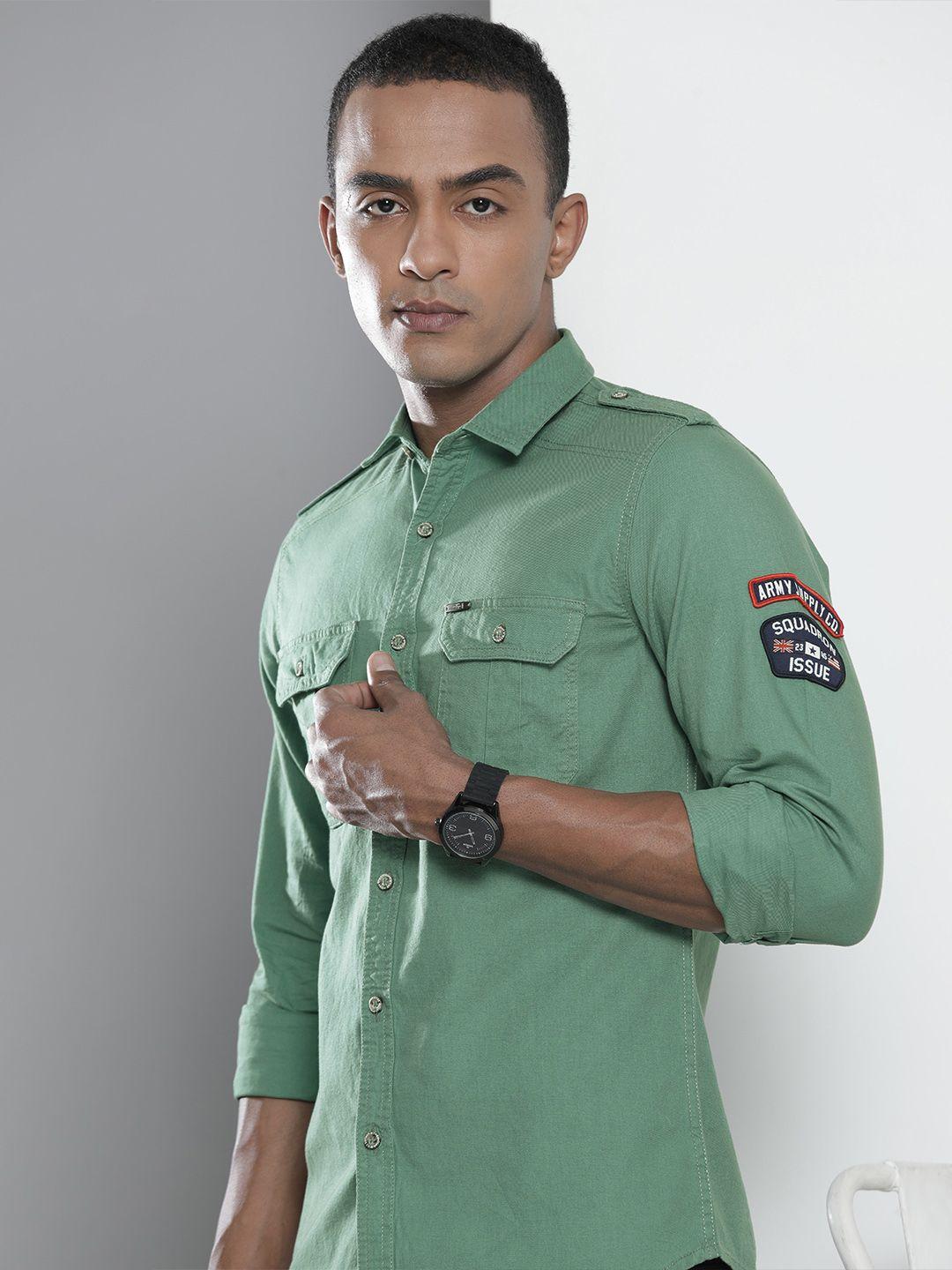 the indian garage co men green regular fit opaque solid casual shirt