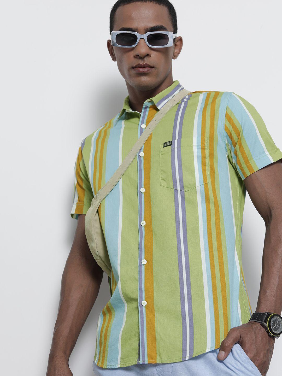 the indian garage co men green regular fit vertical stripes opaque cotton casual shirt