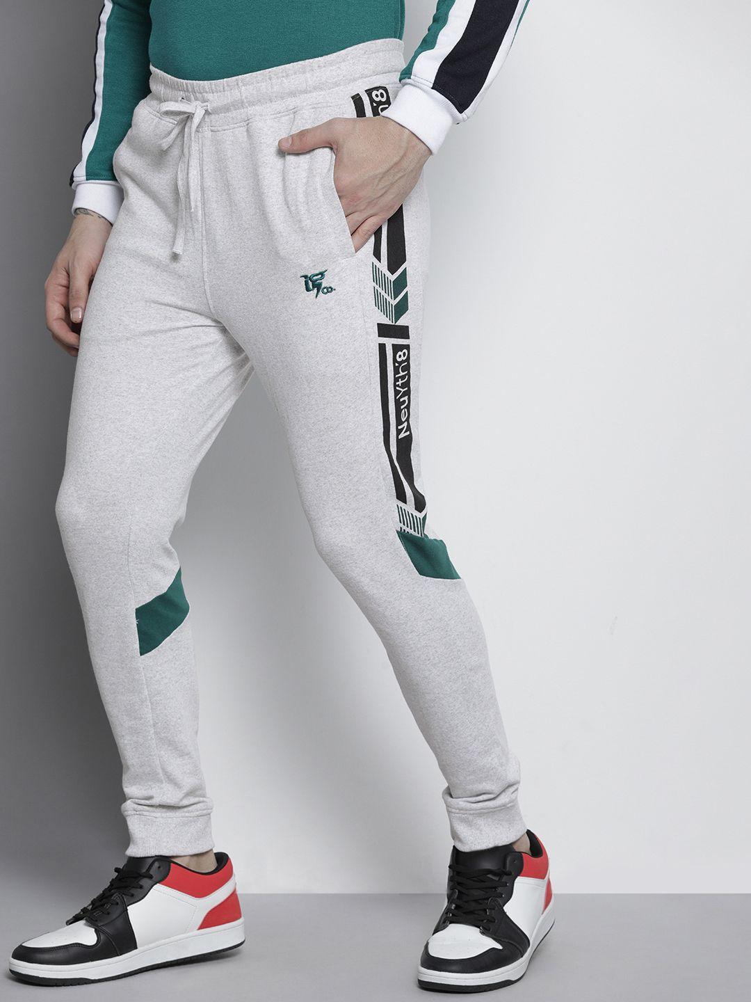 the indian garage co men grey & teal-green printed slim-fit joggers