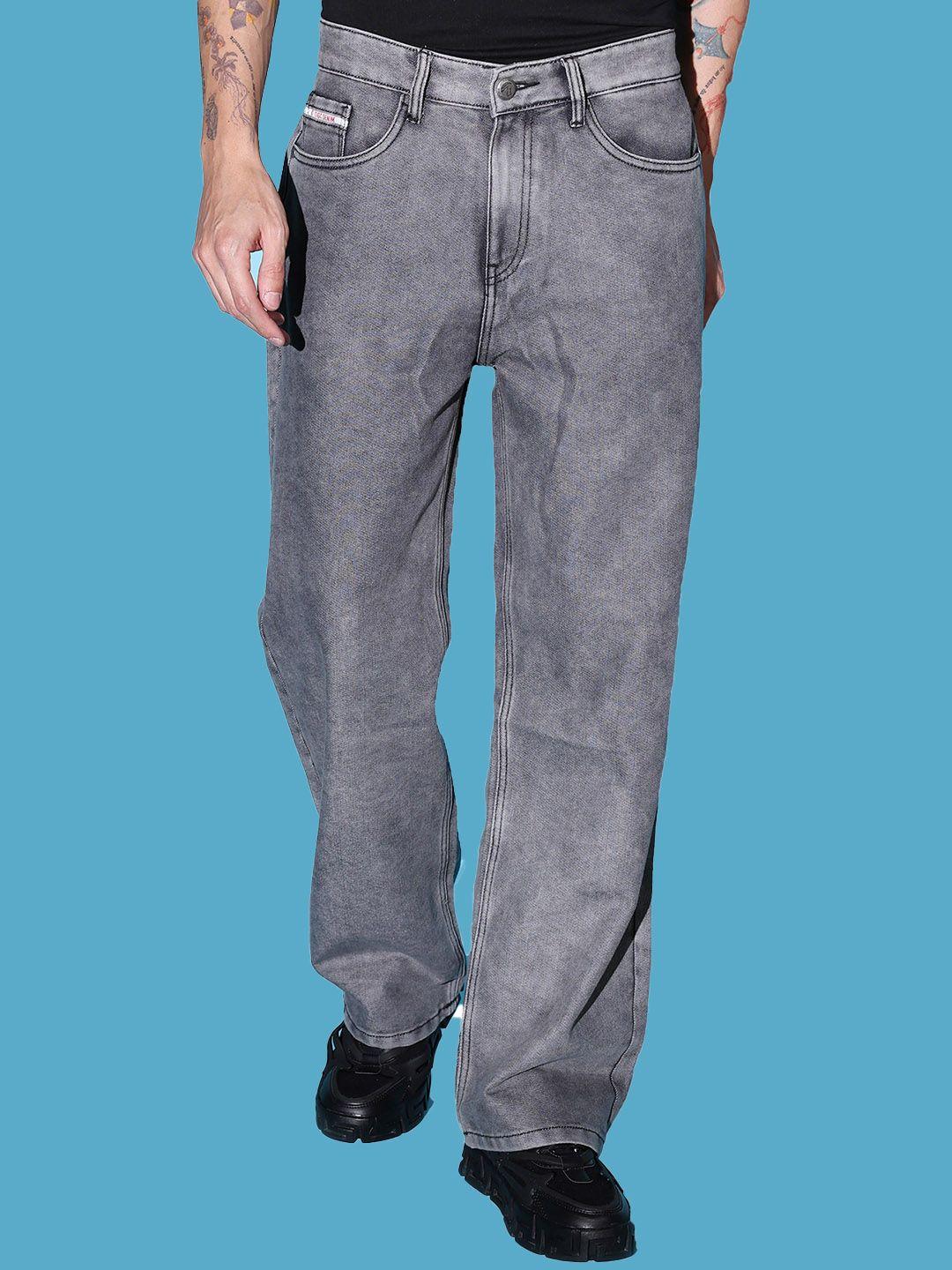 the indian garage co men grey mid-rise wide leg clean look heavy fade jeans