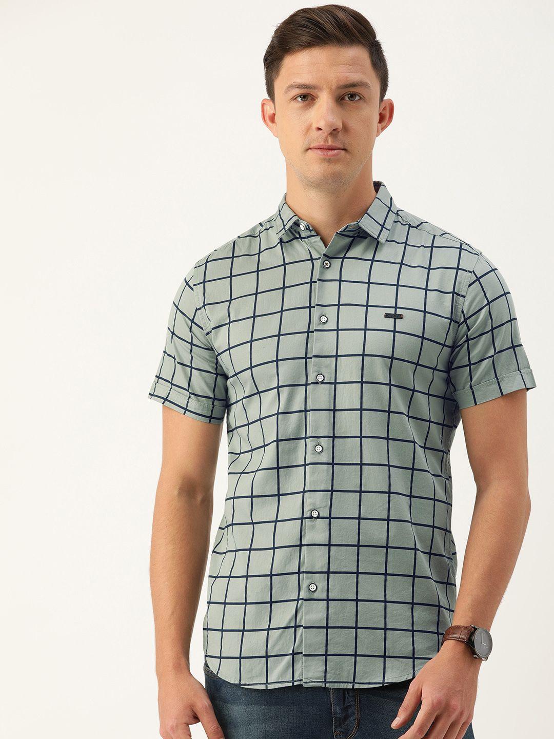 the indian garage co men grey slim fit checked casual shirt