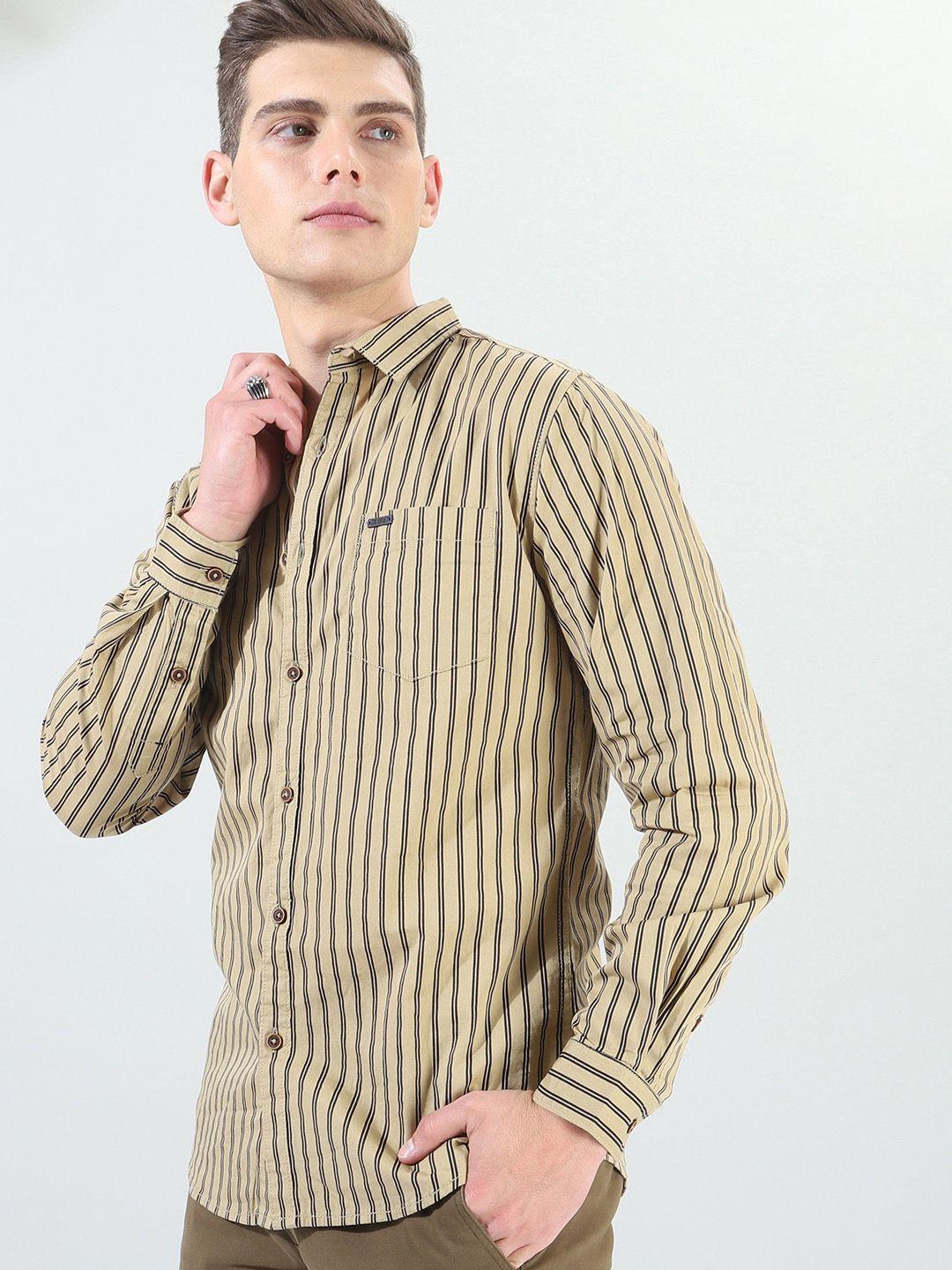 the indian garage co men khaki & navy blue slim fit striped casual shirt