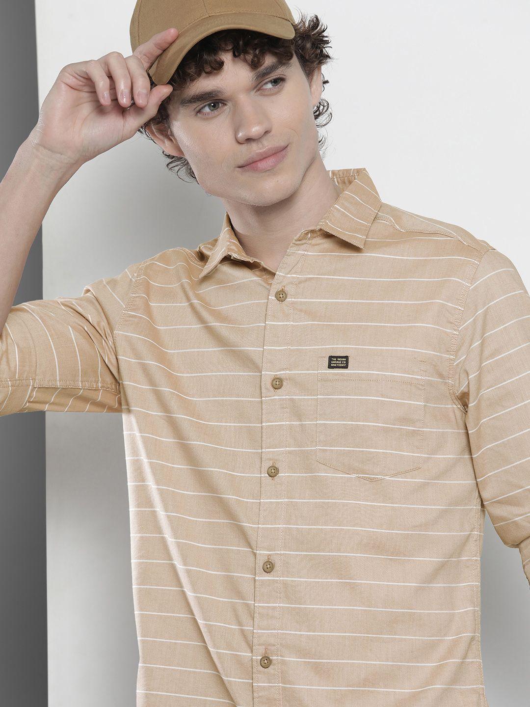 the indian garage co men khaki slim fit striped pure cotton casual shirt