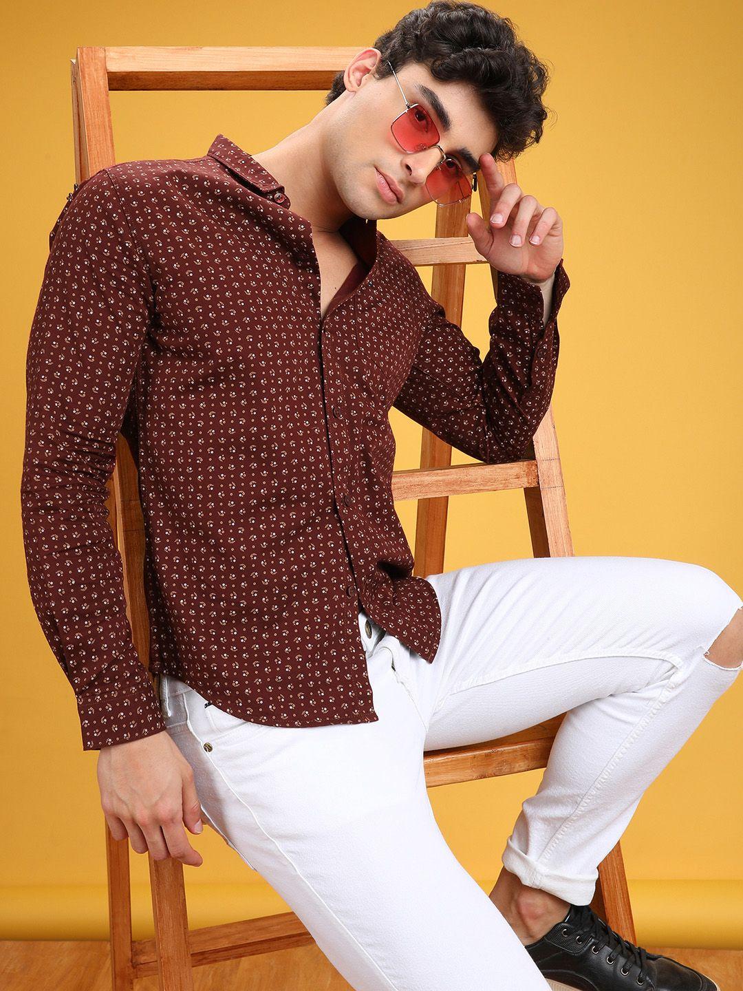 the indian garage co men maroon & beige slim fit printed casual shirt