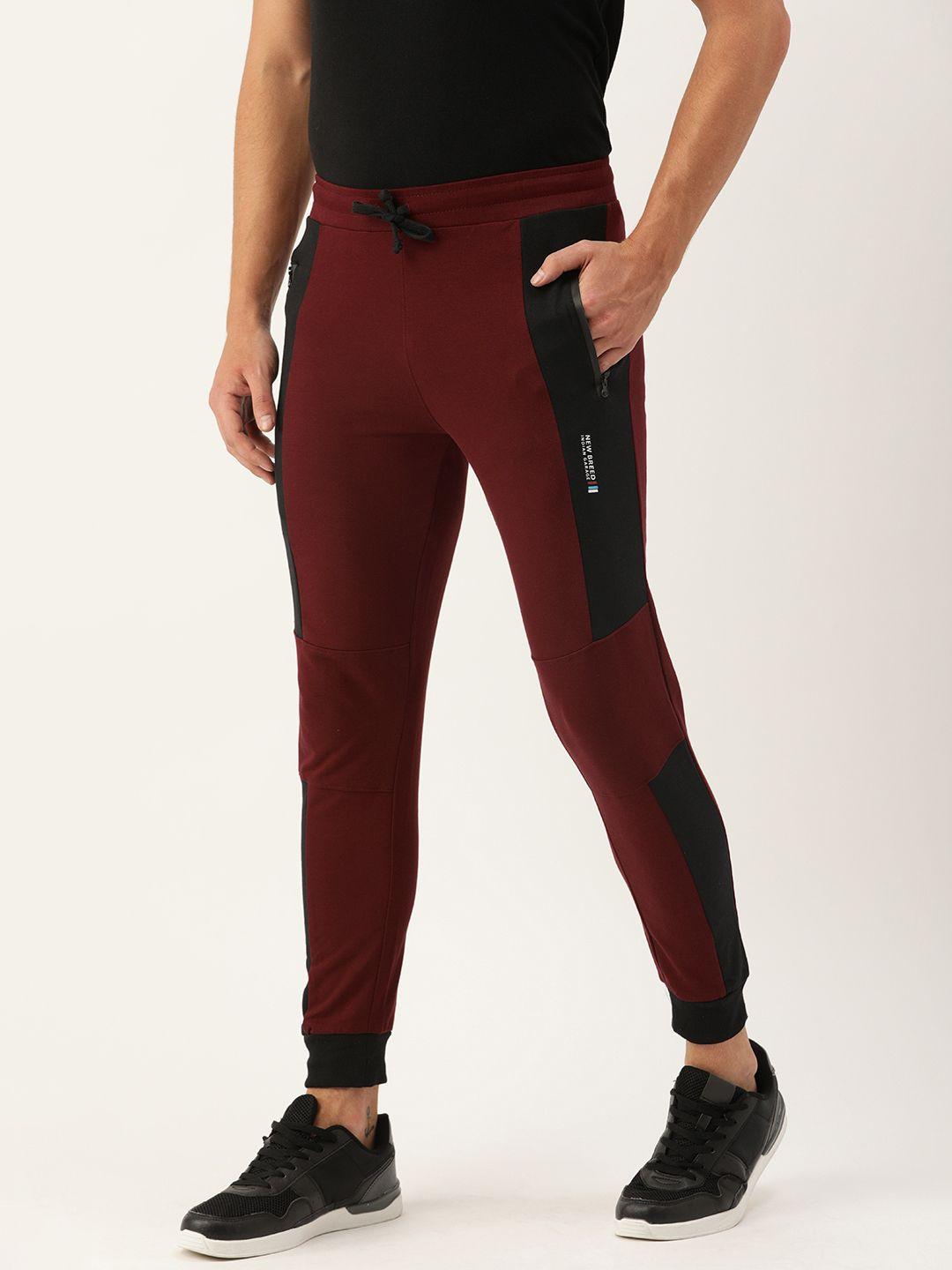 the indian garage co men maroon solid joggers with colorblocked detail