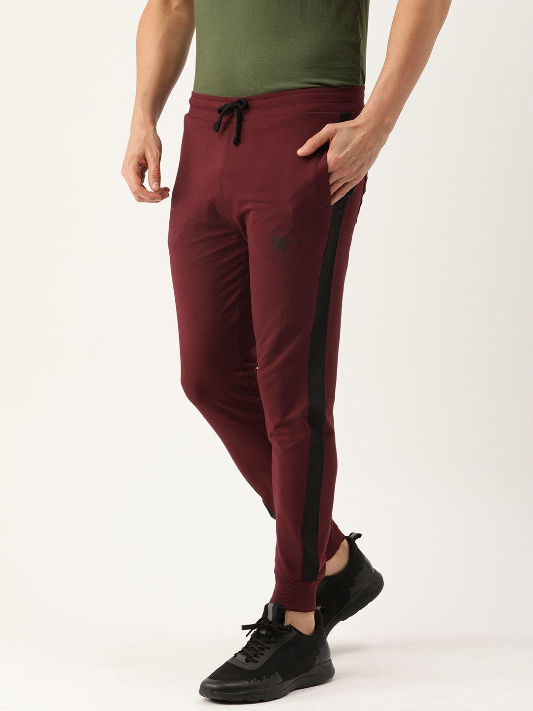 the indian garage co men maroon solid joggers with side stripe detail