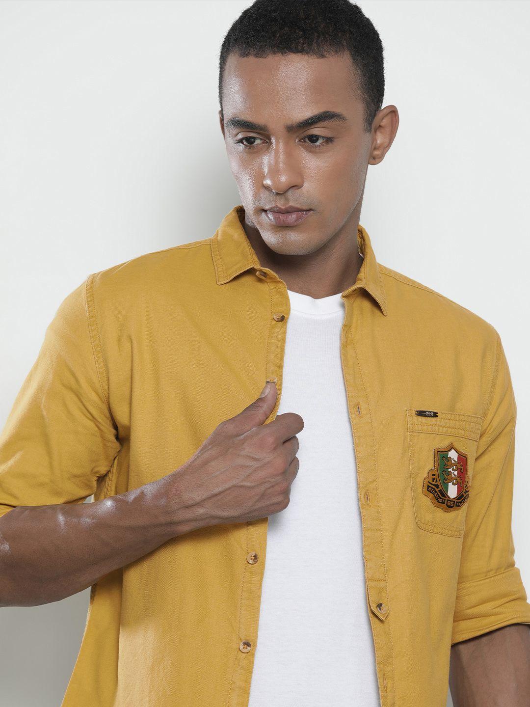 the indian garage co men mustard regular fit opaque solid casual shirt