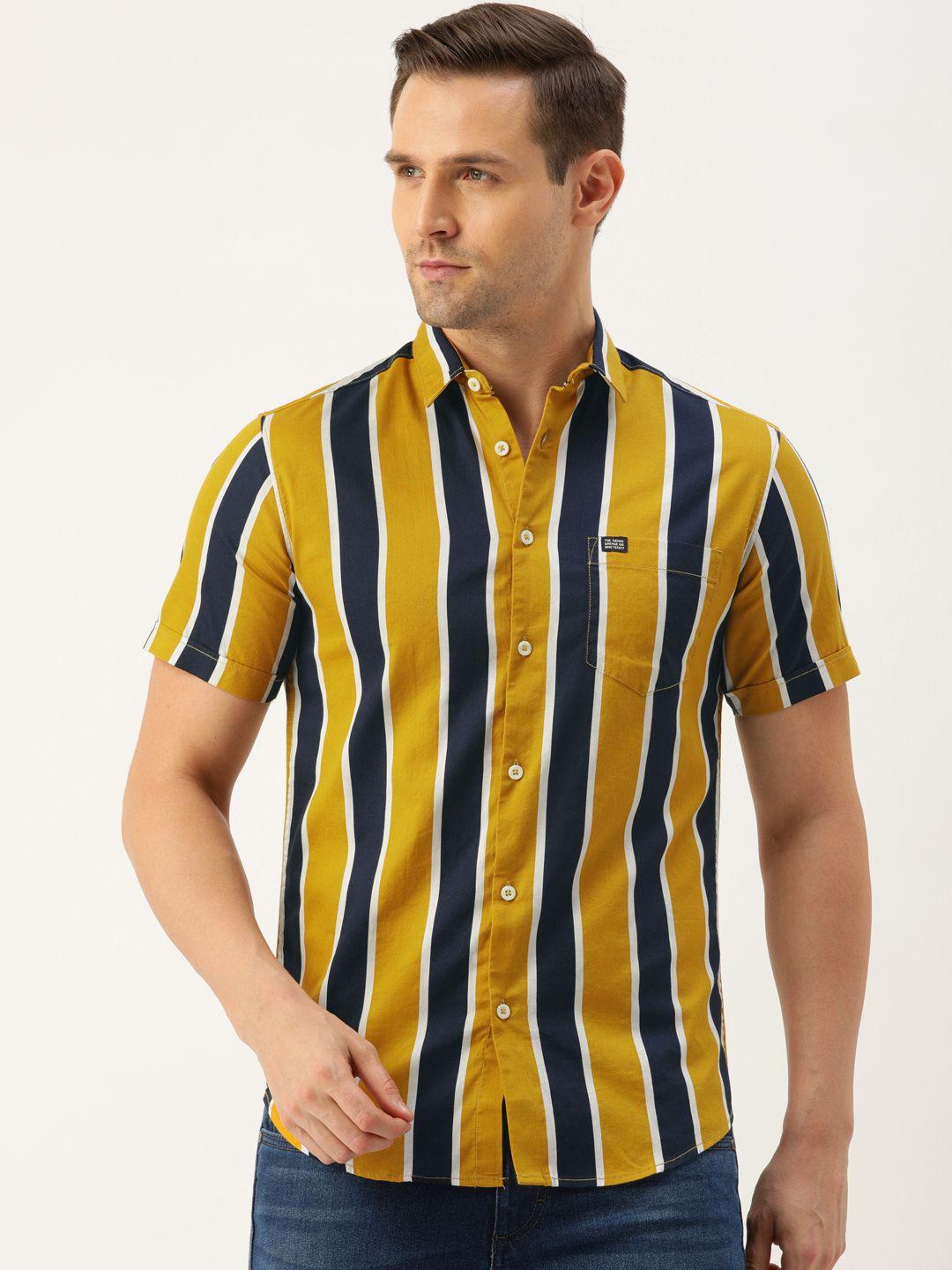 the indian garage co men mustard yellow & navy blue slim fit striped casual shirt