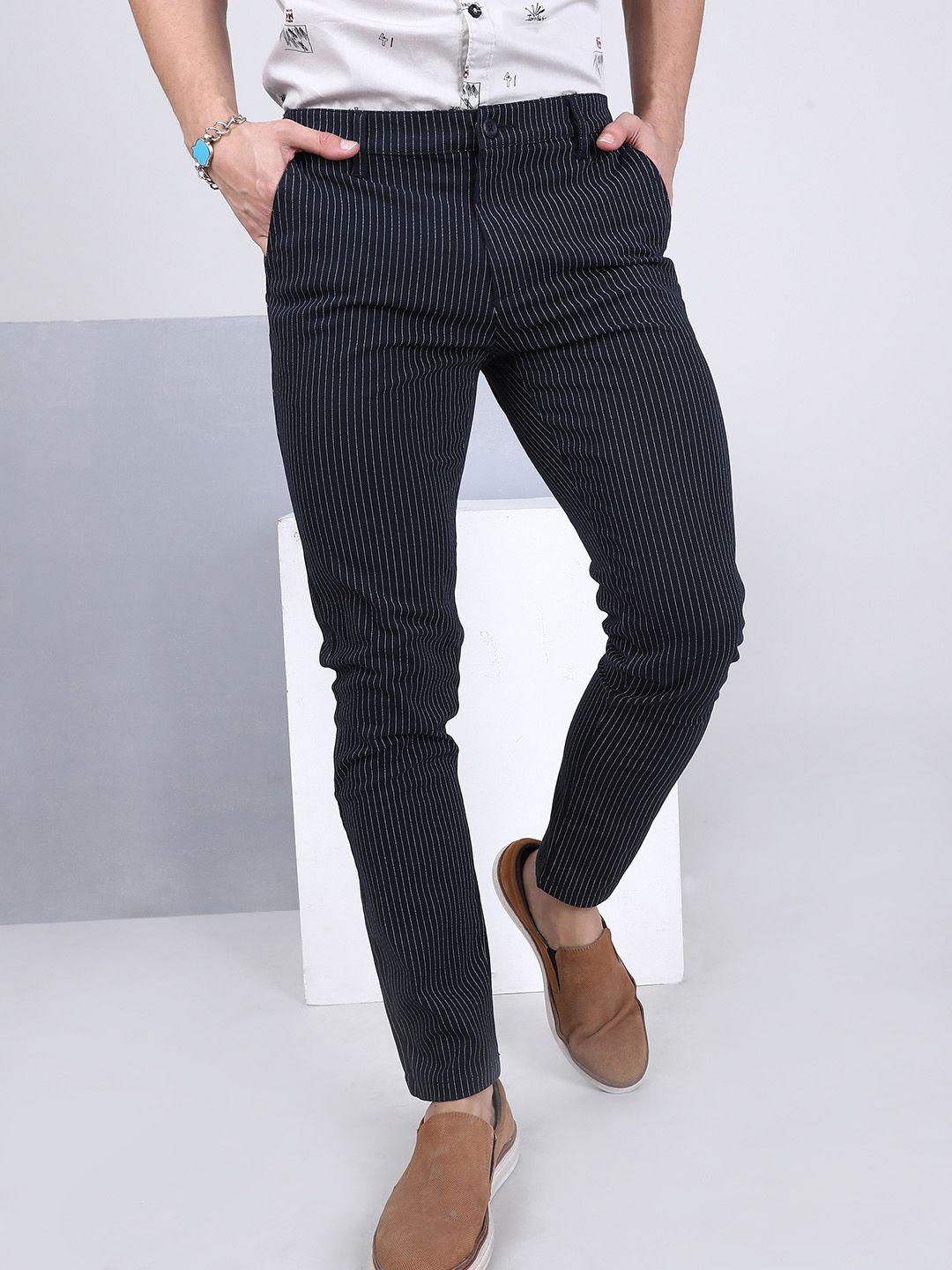 the indian garage co men navy blue & white slim fit striped chinos