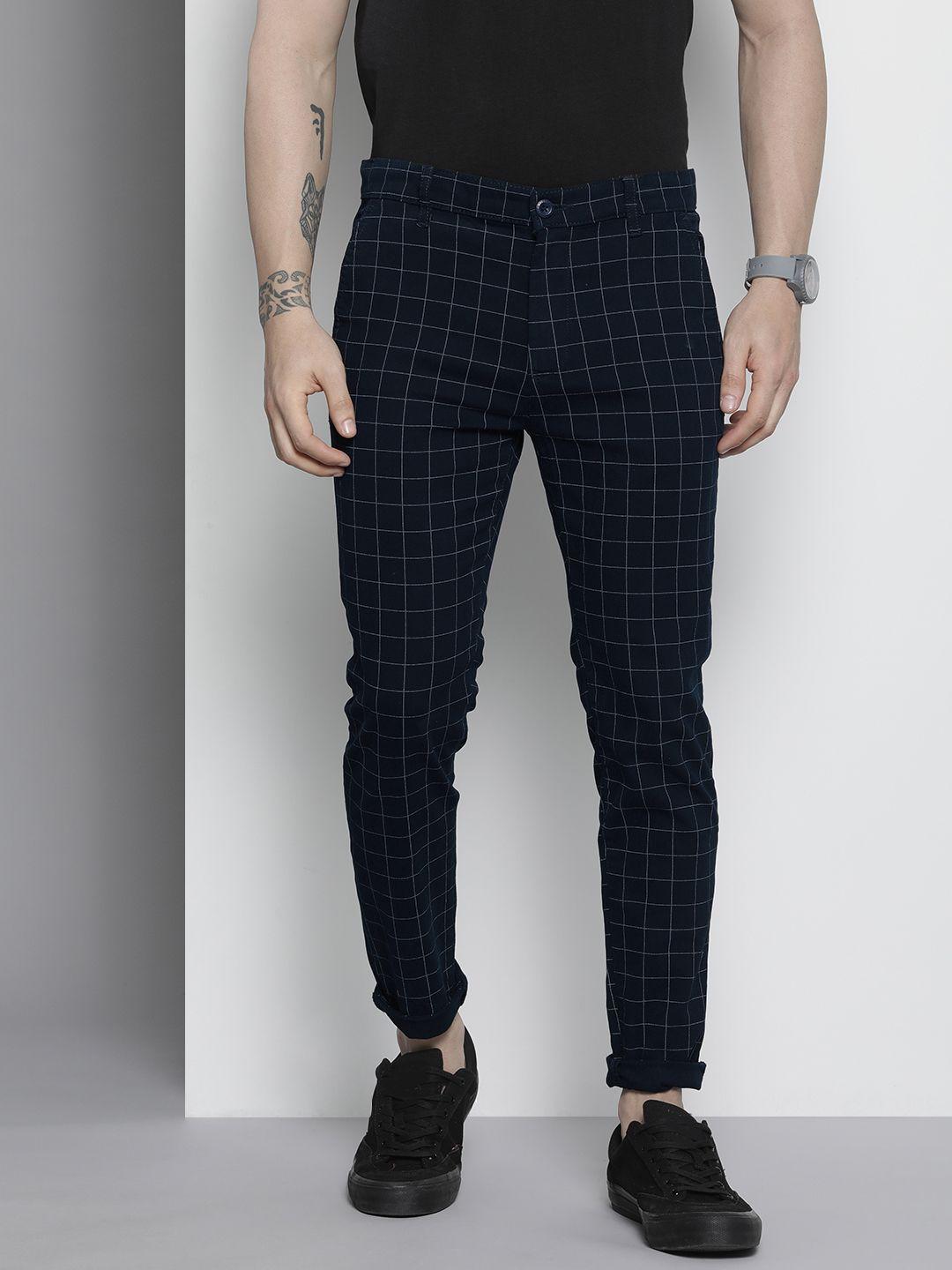 the indian garage co men navy blue checked slim fit chinos