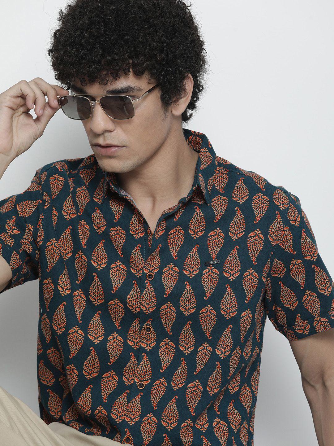 the indian garage co men navy blue ethnic printed casual shirt