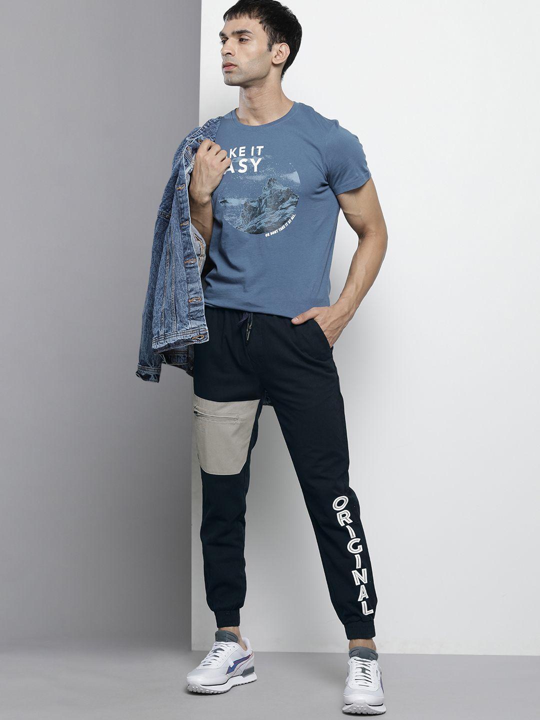 the indian garage co men navy blue printed joggers trousers