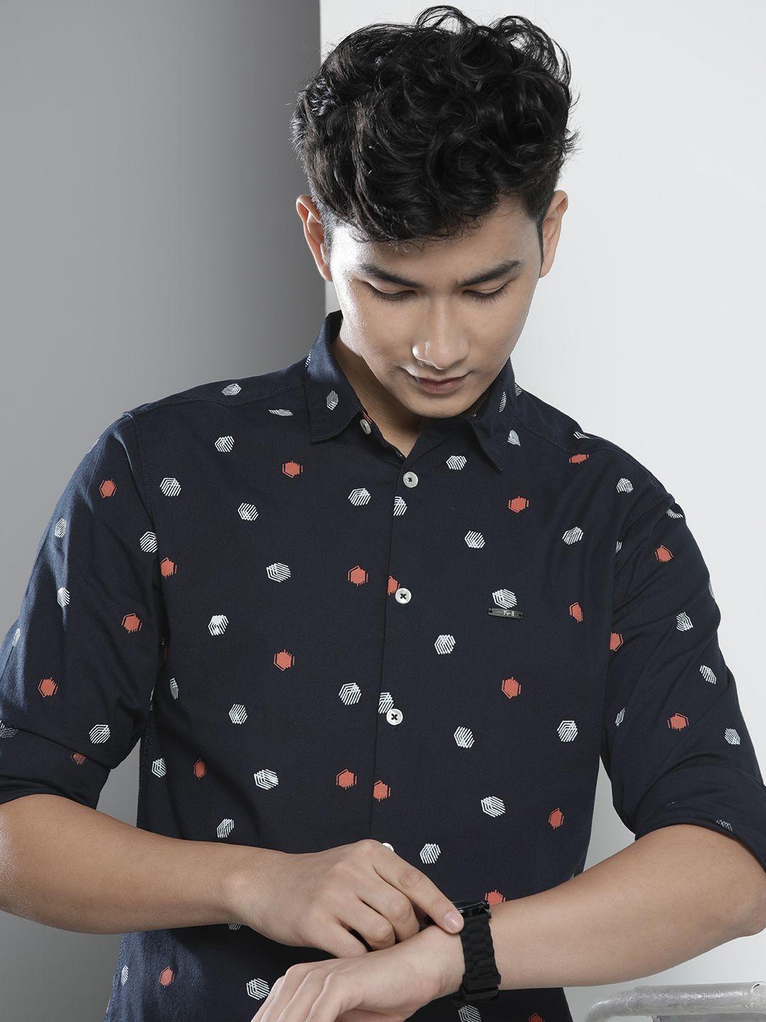 the indian garage co men navy blue regular fit geometric printed opaque casual shirt