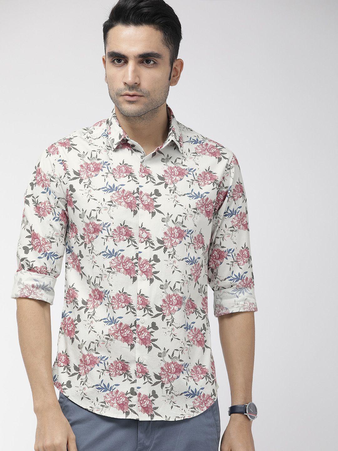 the indian garage co men off-white & pink slim fit printed casual shirt