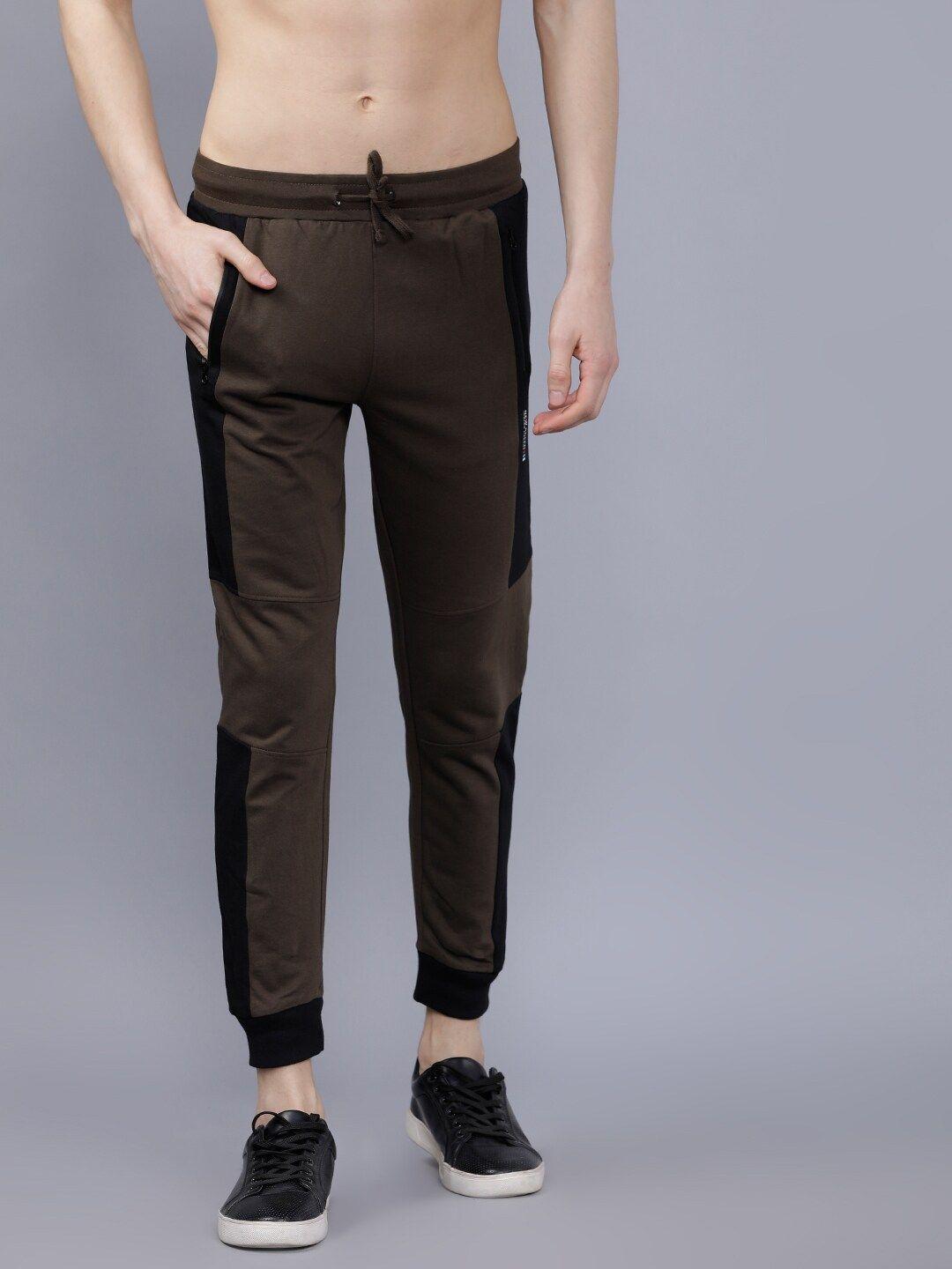 the indian garage co men olive-green & black colourblocked slim-fit joggers